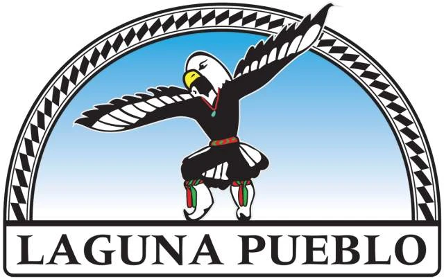 Laguna Pueblo tribal seal with an eagle dancer beneath an arch and Laguna Pueblo lettering